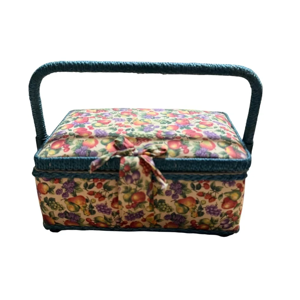 Vintage Fruit Print Sewing Basket Teal Wicker Trim Floral Craft Storage Box